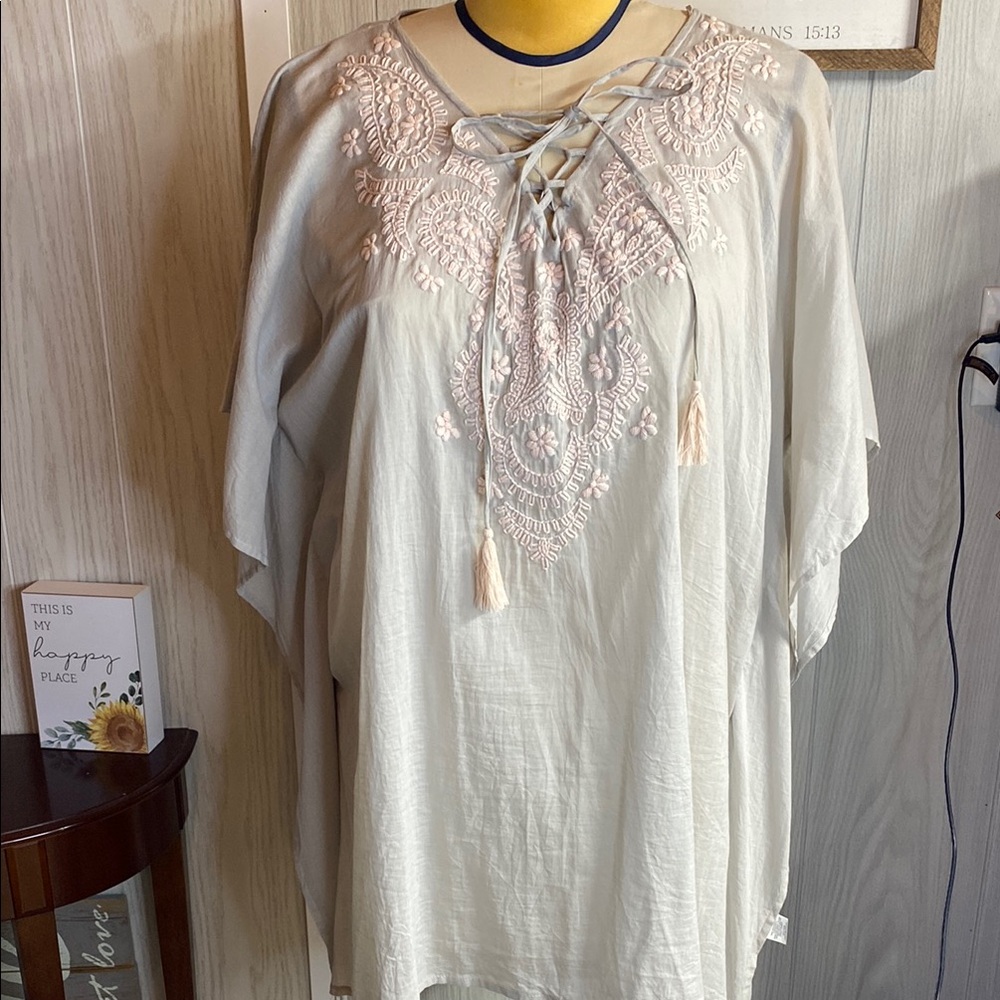 Cream Tunic with Bell Sleeves and Bib Collar